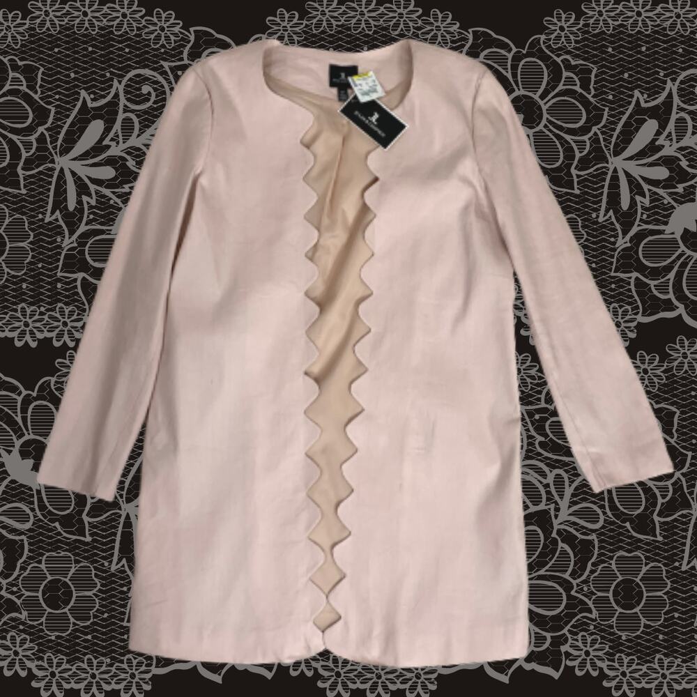 NWT Pink Linen Long Blazer Scalloped Edge Spring Summer Modest Church Office